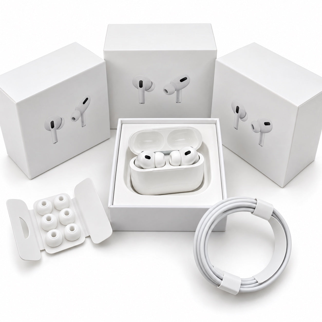 White earbuds, charging case and packaging